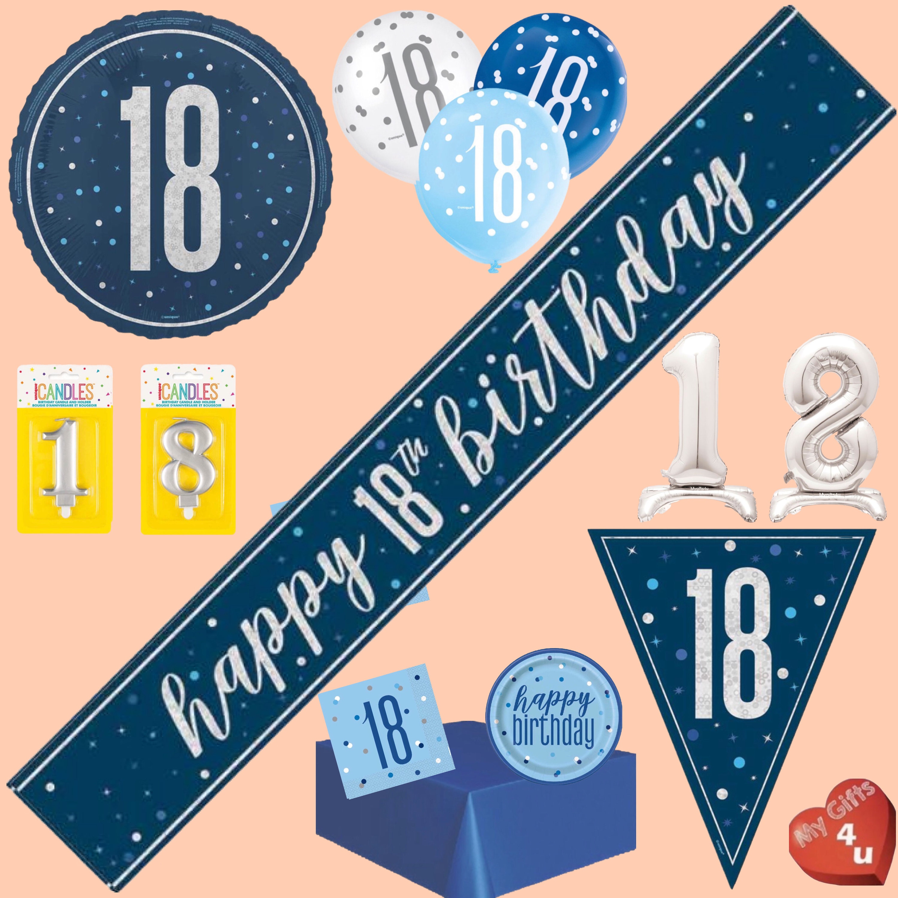 Happy 18th Birthday Banner Decorations - Large Blue & Silver Backdrop Sign, 'Cheers To 18' 2 thumbnail image