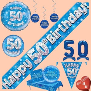May include: Blue and silver 50th birthday party decorations. The set includes a banner, balloons, a table cover, plates, and a hanging decoration. The banner says "Happy 50th Birthday!" and the balloons have the number 50 on them.