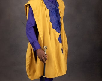 Luxurious agbada yellow blue man suit with embroidery on collar