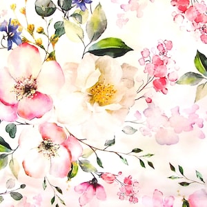 Könnte beinhalten: Ein florales Muster mit Aquarell-Illustrationen von großen rosa und weißen Blüten, kleinen violetten Blumen und grünen Blättern auf weißem Grund. Das Design zeigt zarte Stängel und weiche Farbverläufe über das gesamte Motiv hinweg.