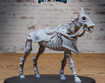 May include: A gray skeletal horse miniature with a saddle and armor, standing on a black base. The miniature is 51mm tall and is part of the Epic Miniatures collection. #029