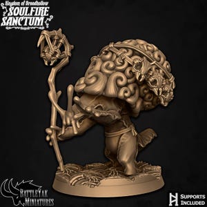 Peut inclure: Figurine miniature de couleur bronze représentant une créature champignon avec une tête en forme de cerveau, tenant un bâton. La figurine est sur une base circulaire. Le texte "SOULFIRE SANCTUM" et "BATTLE YAK MINIATURES" sont visibles.