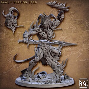 May include: A gray 3D printed miniature of a demon lord with horns, a sword, and a tail. The miniature is standing on a base with a rocky texture. The text "BAAL + DAEMON LORD" is visible at the top of the image.