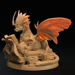 May include: A detailed figurine of a dragon reading a book while sitting on a throne made of books. The dragon has a large, ornate head with a crown and a pair of wings that are spread out behind it. The figurine is made of a light brown material and is painted in a realistic style.
