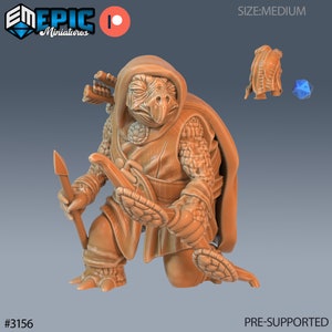 May include: A 3D printed miniature of a turtle-like creature wearing a hooded cloak and holding a spear and a bow and arrow. The miniature is painted in a brown color and is pre-supported for 3D printing.