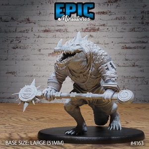 May include: A gray, detailed miniature of a crocodile-like creature with horns and a spiked club. The miniature is posed in a dynamic stance, ready for battle. The base is black and reads "BASE SIZE: LARGE (51MM)" and "#4163".