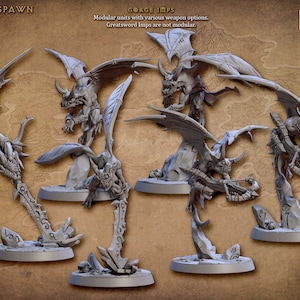 May include: Five grey plastic miniature figures of demonic imps with wings and tails. The figures are posed in various action poses and are standing on circular bases. The figures are part of a set called "The Demon King's Spawn" and are designed for tabletop gaming.