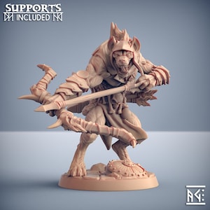 May include: A 3D printed miniature of a hyena-like creature wearing armor and holding a spear. The creature has a fierce expression and is posed in a dynamic stance. The miniature is printed in a light brown color and is ready to be painted.