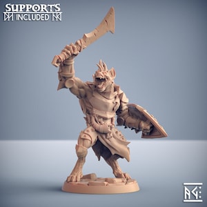May include: A miniature figurine of a hyena warrior wearing armor and holding a sword and shield. The figurine is made of a light brown plastic and is posed in a fighting stance.