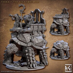 May include: A grey, detailed miniature of a giant tortoise carrying a stone structure with two figures on top. The structure has a stone archway and a flag with a curled top. The tortoise has a rough, textured shell and four legs.