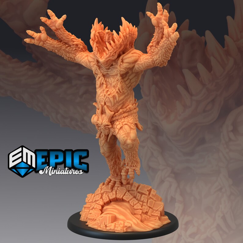 May include: A detailed, beige-coloured miniature of a monstrous creature with multiple arms and a gaping maw. The creature is standing on a rocky base, with a textured surface. The miniature is part of a collection of fantasy figures.