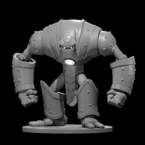May include: A grey, robot-like figure with a large, round head and a menacing expression. The figure has a large, round body with a series of small, round protrusions. The figure is standing on a grey base.