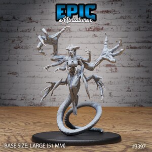 May include: Grey 3D printed miniature of a multi-armed, serpentine creature with a human-like head and torso. The creature has six arms, each ending in a hand with sharp claws. The creature's tail is coiled around its body. The miniature is on a black base. BASE SIZE: LARGE (51 MM) #3397