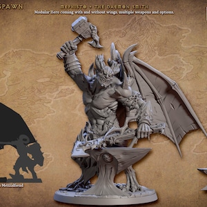May include: A gray, detailed miniature of a demon with wings, holding a hammer and standing on an anvil. The miniature is part of a set of miniatures for tabletop role-playing games.