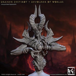 May include: A grey, detailed bust of Draiken Zestirot, the Devourer of Worlds, with large horns and intricate armour. The bust is part of the Collector Tier BUSTS collection. The Artisan Guild logo and website are visible. ©2025 All Rights Reserved - Artisan Guild.