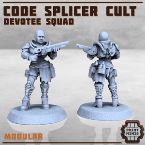 May include: A 3D printed miniature of a female figure in a futuristic, sci-fi style outfit. She is holding a weapon in her right hand and has a backpack on her back. The miniature is printed in a light grey colour and is ready to be painted. The text "CODE SPLICER CULT DEVOTEE SQUAD" is printed at the top of the image. The text "MODULAR" is printed at the bottom left of the image. The text "PRINT MINIS" is printed at the bottom right of the image.
