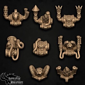 May include: Eight different 3D printed metal steampunk style gears or cogs with intricate details.  The gears are in various shapes and sizes and have a bronze finish.