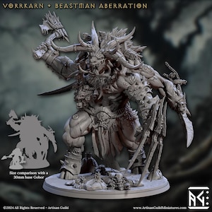 May include: A grey, detailed miniature of a beastman warrior with horns, a large axe, and a sword. The miniature is standing on a round base with skulls and other details. The text "VORRKARN BEASTMAN ABERRATION" is at the top of the image. The text "Size comparison with a 30mm base Gobor" is at the bottom of the image.