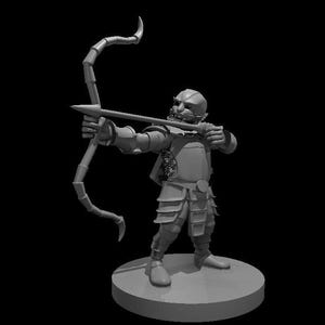 May include: A grey plastic miniature figurine of an orc archer holding a bow and arrow. The orc is wearing armour and has a fierce expression on its face.