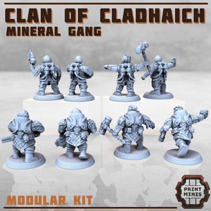 May include: A set of 3D printed miniature figures, painted grey, depicting a group of fantasy warriors. The figures are posed in various action stances, holding weapons and tools. The figures are labelled "Clan of Cladhaich Mineral Gang" and "Modular Kit".