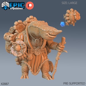 May include: A 3D printed miniature of a turtle-like creature carrying a large pack on its back. The creature is wearing a robe and holding a staff. The miniature is pre-supported and is labeled "#2887" and "SIZE: LARGE".