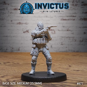 May include: A gray miniature figure of a soldier aiming a handgun. The figure is wearing a helmet, tactical vest, and knee pads. The base size is medium (25.5mm). The Invictus Miniatures logo is in the upper left corner.