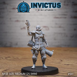 May include: A gray miniature figure of a person in a gas mask and protective gear, holding a device. The figure is standing on a black base. The Invictus Miniatures logo is in the upper left corner. The base size is medium (25.5mm).