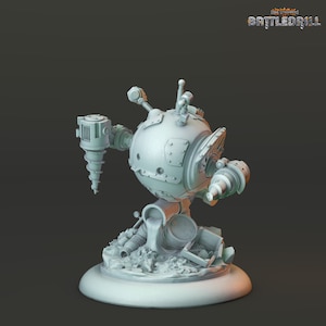 May include: A gray, detailed, miniature model of a robot with a drill, standing on a base with debris. The robot has a round body with a drill arm and a smaller drill on the side. The base is textured and has a circular platform.