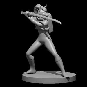 May include: A grey figurine of a person with a fox head wearing a black outfit and holding a sword.