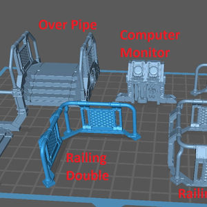 May include: A set of 3D printed miniature models for tabletop gaming. The set includes a computer monitor, steps, an over pipe, and three different styles of railings: single, double, and triple.