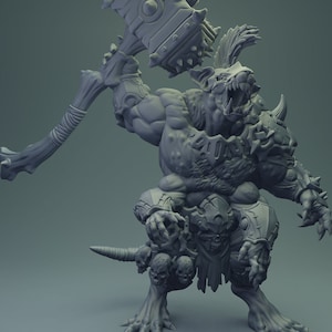 May include: A grey, detailed, 3D printed miniature of a monstrous, wolf-like creature wielding a spiked hammer. The creature is wearing armour and has a skull-like belt.