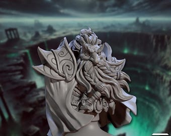 May include: A grey, detailed bust of a dwarf with a long beard and a cloak. The bust is on a round base. The text "VOLRUNAX RUNEBEARD THE GUILDMASTER" is at the top of the image.