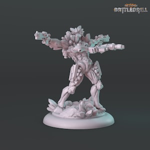 May include: A grey, crystalline, humanoid figure with two guns, standing on a rocky base. The figure is posed in a dynamic action stance, with one arm extended and the other holding a gun. The figure is made of a hard plastic material and is detailed with sharp edges and points.