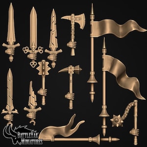 Könnte beinhalten: Eine Sammlung bronzefarbener Miniaturwaffen, darunter Schwerter, Äxte, Streitkolben und Banner. Die Waffen sind aufwendig detailliert, mit stilisierten Griffen und Klingen. Der Text "BATTLEyAK MINIATURES" ist enthalten.