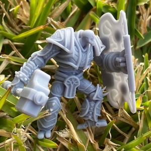 May include: A gray 3D printed miniature of a warrior figure holding a hammer and a shield. The figure is wearing detailed armor with a tree design on the chest.