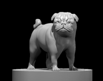 May include: A gray, 3D printed pug figurine standing on a round base. The pug is facing forward with its head tilted slightly down. The figurine is detailed with wrinkles and folds on the pug's face and body.