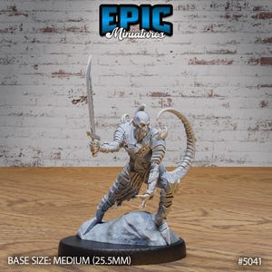 May include: A grey, detailed miniature figure of a humanoid creature with a tail and a sword. The figure is standing on a grey rock base. The base is 25.5 mm in diameter. The figure is part of the Epic Miniatures line.