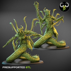 May include: Two green fantasy figures with detailed serpentine lower bodies and multiple arms. One figure holds a staff. The figures are on black bases. The text "PRESUPPORTED STL" is at the bottom of the image.