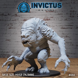 May include: A gray, detailed, 3D printed miniature of a creature from the Star Wars universe. The creature is standing on a black base. The base is labeled "BASE SIZE: HUGE (76.5MM)" and "#4444".