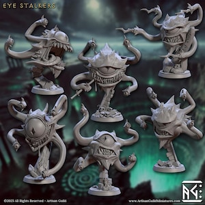 May include: Five grey 3D printed miniature figures of eye stalkers, each with a single large eye and multiple tentacles. The figures are posed in different positions and have a menacing expression.