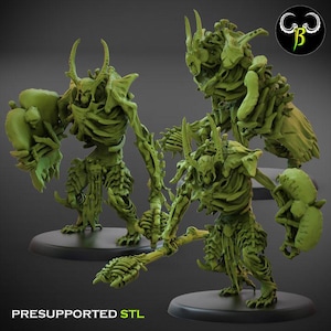 May include: Four green, skeletal, 3D printed miniatures of creatures with horns and sharp claws. The miniatures are posed in a dynamic fighting stance. The text "PRESUPPORTED STL" is visible at the bottom of the image.