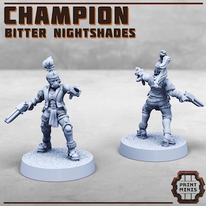 May include: Two miniature figurines of a Champion from the Bitter Nightshades collection. The figures are light gray, with detailed armor, helmets, and weapons. The text "CHAMPION BITTER NIGHTSHADES" is at the top. The figures stand on circular bases.