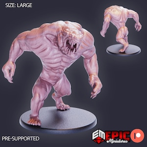 May include: A 3D printed miniature of a pink, humanoid creature with a reptilian head and sharp teeth. The creature is standing on a black base and is posed in a walking position. The miniature is pre-supported and is labeled "SIZE: LARGE" and "PRE-SUPPORTED".