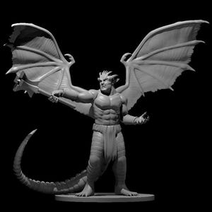 May include: A grey, sculpted figurine of a gargoyle with wings outstretched. The gargoyle is holding a weapon in its right hand and has a fierce expression on its face.