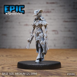 May include: A gray plastic miniature figure of a person wearing a long coat, a hat, and a mask with a long beak. The figure is holding two pistols and is standing on a round base. The figure is 25.5 mm tall. #3444