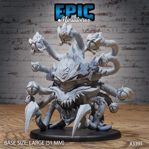 May include: A gray, detailed miniature of a multi-eyed creature with sharp claws and a large, open mouth. The creature has a single large eye on its face and multiple smaller eyes on its tentacles. The miniature is on a black base. BASE SIZE: LARGE (51 MM) #3391