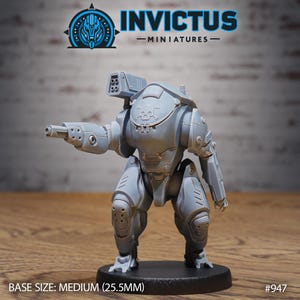 May include: A gray miniature robot with a skull emblem on its chest, a cannon arm, and missile launchers. The base size is medium (25.5mm). The Invictus Miniatures logo is at the top.