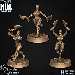 May include: Bronze-colored miniature figures of a futuristic warrior holding curved blades. The figures are posed in dynamic action stances, with the text "Dynasty of Nul Flesh and Bone" and "BattleYak Miniatures" visible.