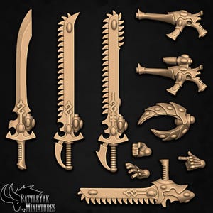 May include: A collection of beige-colored miniature weapons, including swords, chainswords, pistols, and a crescent-shaped blade. The weapons have intricate designs and are arranged against a dark background. The BattleYak Miniatures logo is visible.