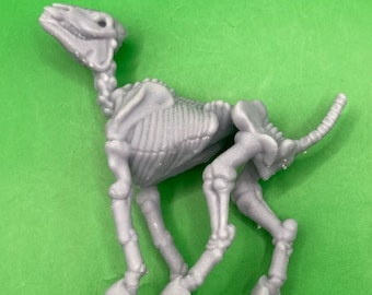 May include: A gray plastic skeleton of a horse, standing on a green surface. The skeleton is detailed and shows the bones of the horse's legs, ribs, and skull.